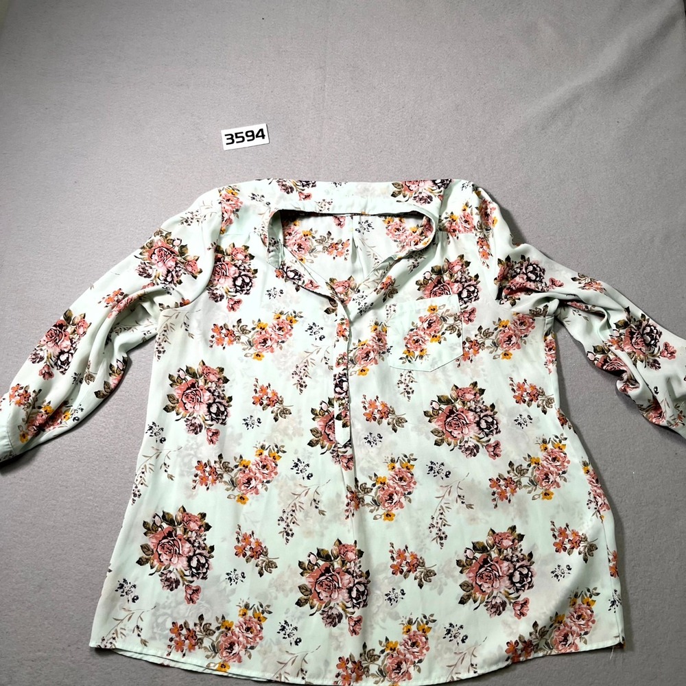 Justify Popover Tunic Top Womens 1X Mint Green Floral Roll Tab Sleeve Pleated